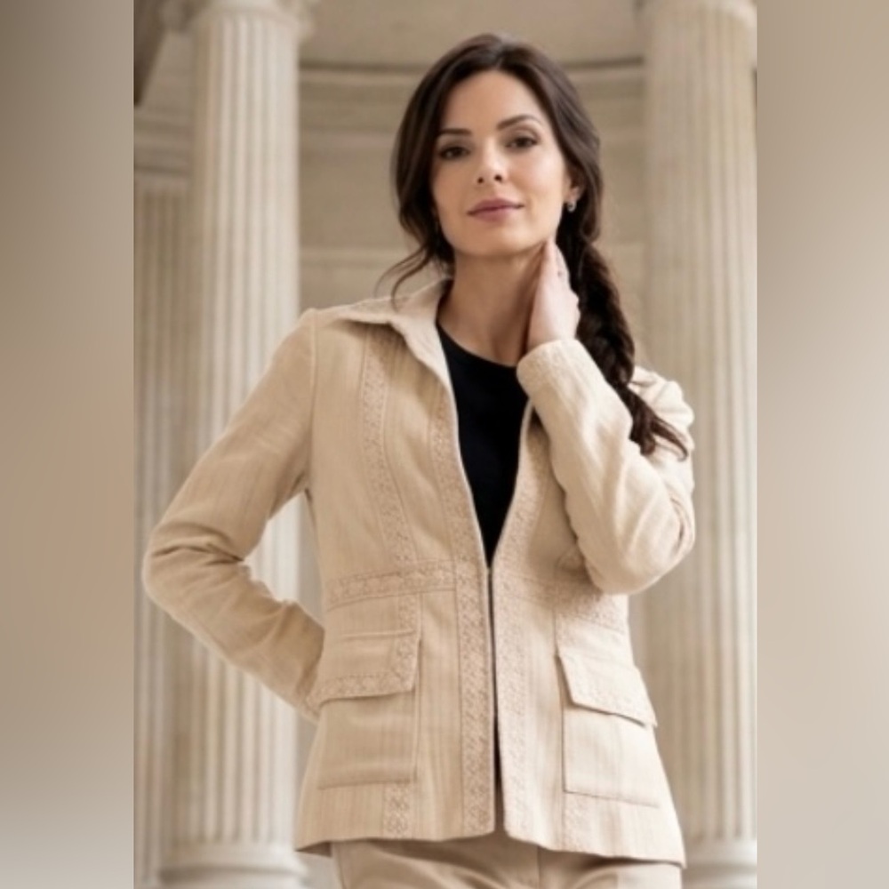 NANETTE LEPORE Blazer Jacket Crocheted Ribbon Ecru Beige Collar Pockets Sz 8